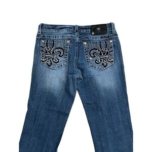 Miss Me Bootcut Jeans Medium Wash Fleur De Lis Rhinestone Size 30 Inseam 27.5